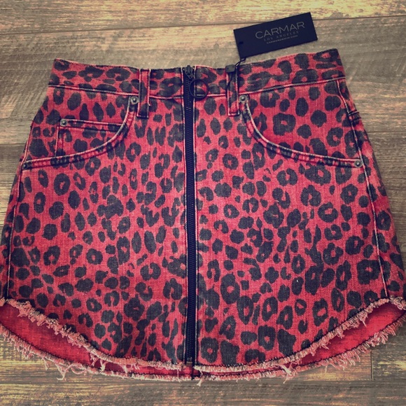 red leopard print denim skirt